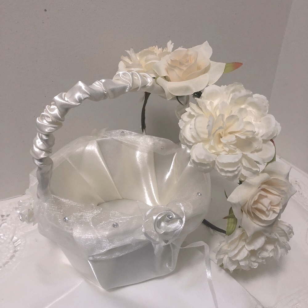 Wedding flower girls  satin basket and flower headband